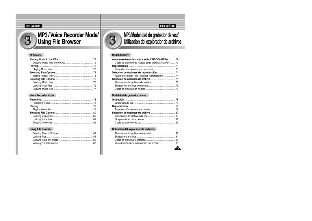 Samsung VP-X110L/AND manual MP3 Mode, Voice Recorder Mode, Using File Browser, Modalidad MP3, Modalidad de grabador de voz 