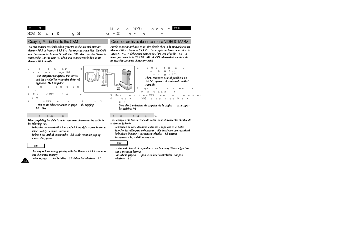 Samsung VP-X110L/AFR, VP-X110L/XET, VP-X110L/AND manual MP3 Mode Storing Music in the CAM, Copying Music files to the CAM 