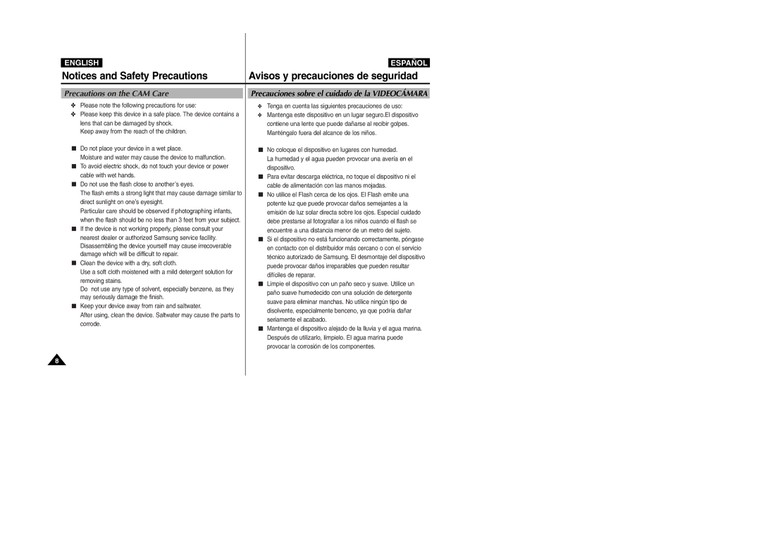 Samsung VP-X110L/AND, VP-X110L/XET, VP-X110L/AFR manual Avisos y precauciones de seguridad, Precautions on the CAM Care 