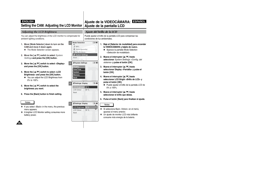 Samsung VP-X110L/HAC manual Ajuste de la Videocámara, Ajuste de la pantalla LCD, Setting the CAM Adjusting the LCD Monitor 