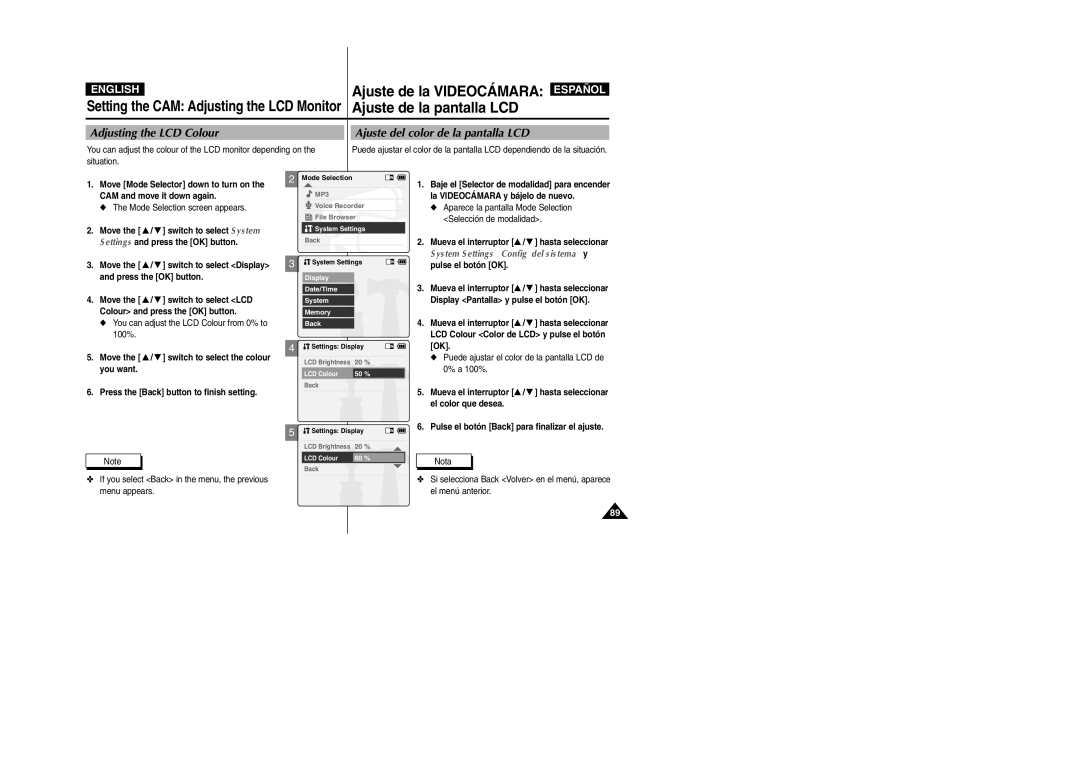 Samsung VP-X110L/KNT manual You can adjust the colour of the LCD monitor depending on, Colour and press the OK button 