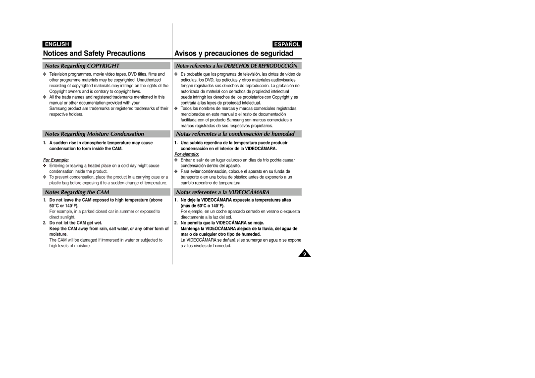 Samsung VP-X110L/AFR, VP-X110L/XET manual Avisos y precauciones de seguridad, Notas referentes a la condensación de humedad 