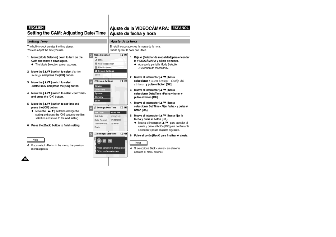 Samsung VP-X110L/XSG manual Setting the CAM Adjusting Date/Time, Ajuste de fecha y hora, Setting Time, Ajuste de la hora 