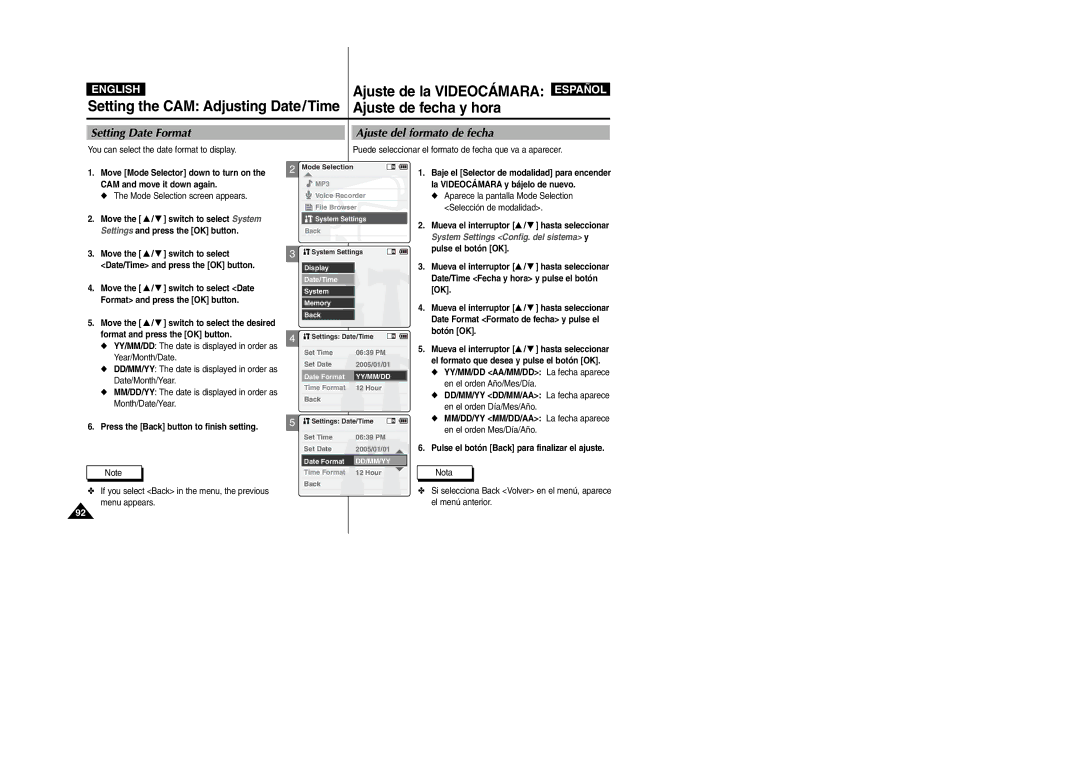 Samsung VP-X110L/AND manual Setting Date Format, Ajuste del formato de fecha, You can select the date format to display 