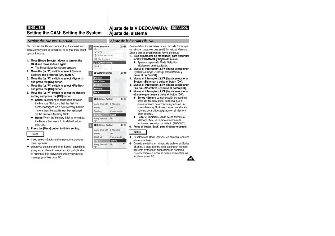 Samsung VP-X110L/XSG, VP-X110L/XET, VP-X110L/AND, VP-X110L/AFR Setting the File No. Function Ajuste de la función File No 