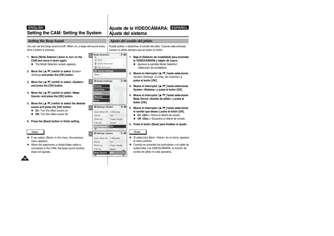 Samsung VP-X110L/XET, VP-X110L/AND, VP-X110L/AFR, VP-X110L/UMG manual Setting the Beep Sound, Ajuste del sonido del pitido 