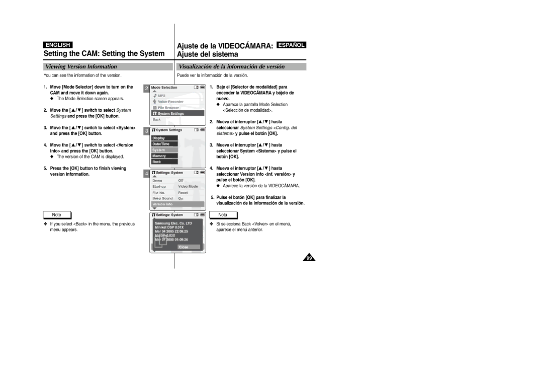 Samsung VP-X110L/AND Viewing Version Information, Visualización de la información de versión, Info and press the OK button 