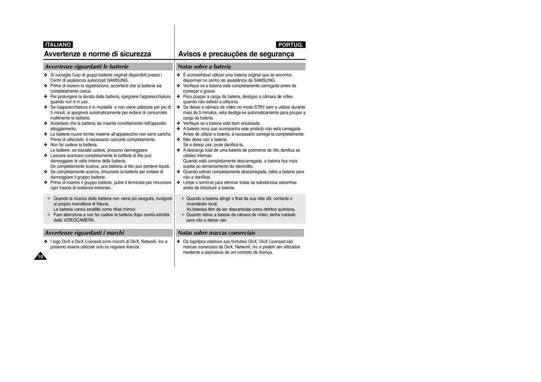 Samsung VP-X110L/XET, VP-X110LMEM manual Avvertenze e norme di sicurezza, Avisos e precauções de segurança 