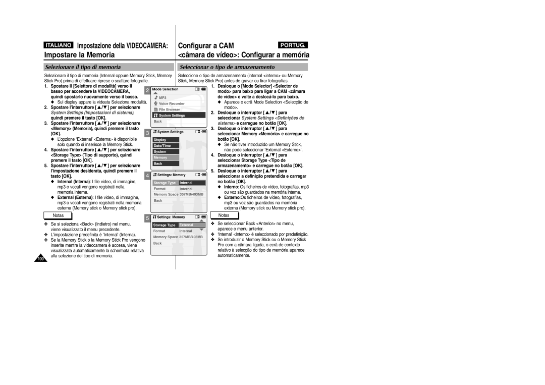 Samsung VP-X110L/XET, VP-X110LMEM manual Câmara de vídeo Configurar a memória, Selezionare il tipo di memoria 