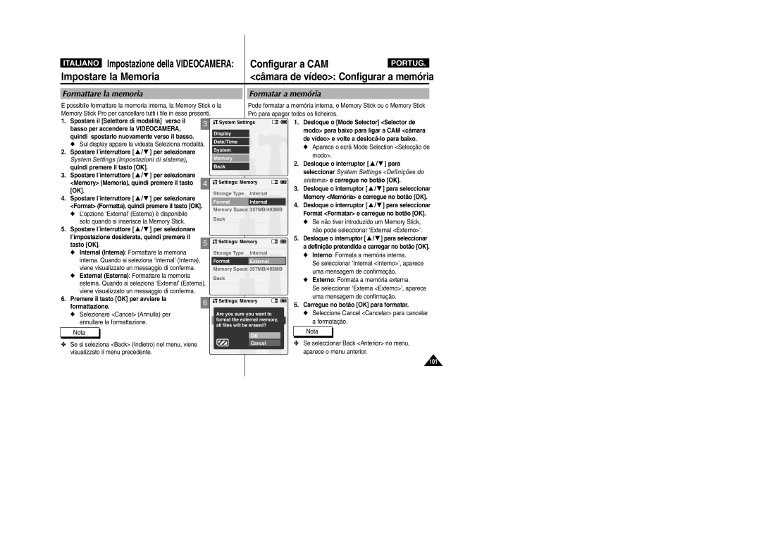 Samsung VP-X110LMEM, VP-X110L/XET manual Formattare la memoria Formatar a memória 