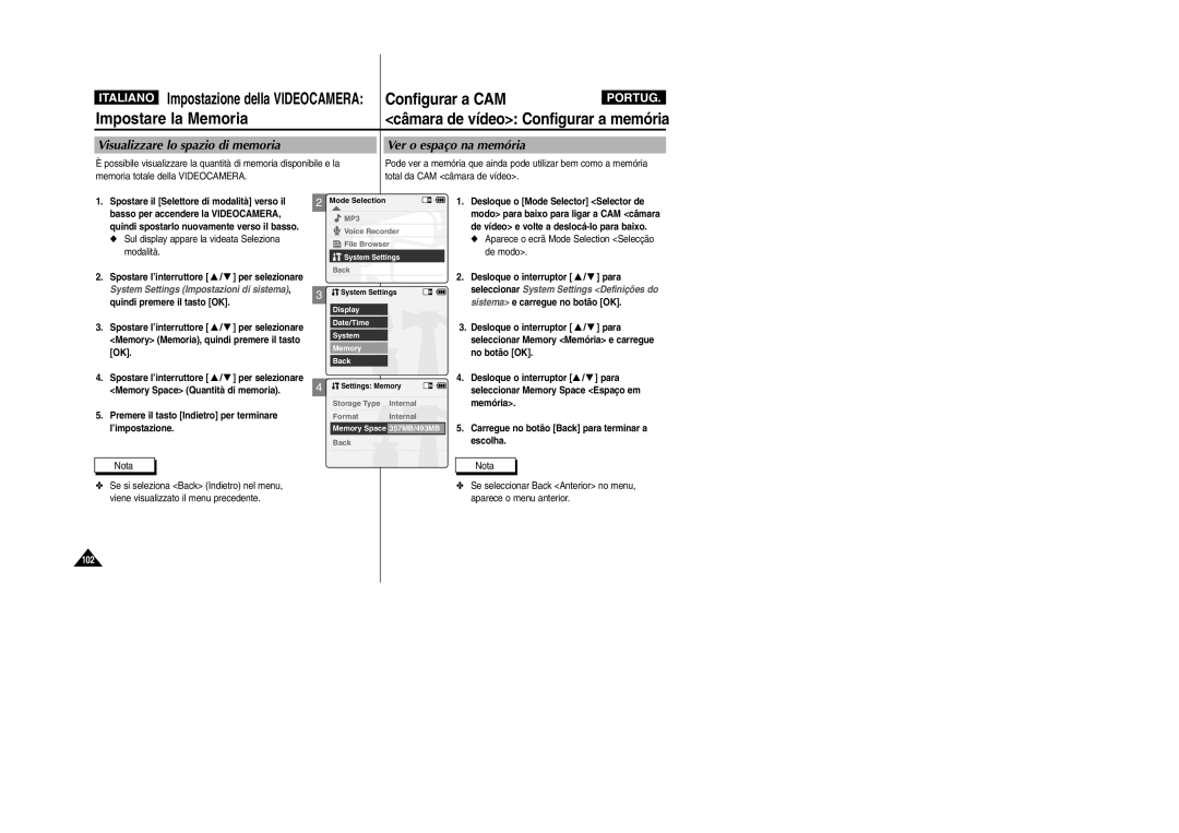 Samsung VP-X110L/XET manual Câmara de vídeo Configurar a memória, Visualizzare lo spazio di memoria Ver o espaço na memória 