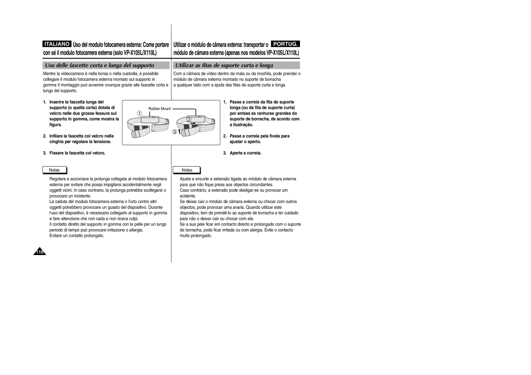 Samsung VP-X110L/XET manual Fissare la fascetta col velcro, Ilustração, Passe a correia pela fivela para, Ajustar o aperto 