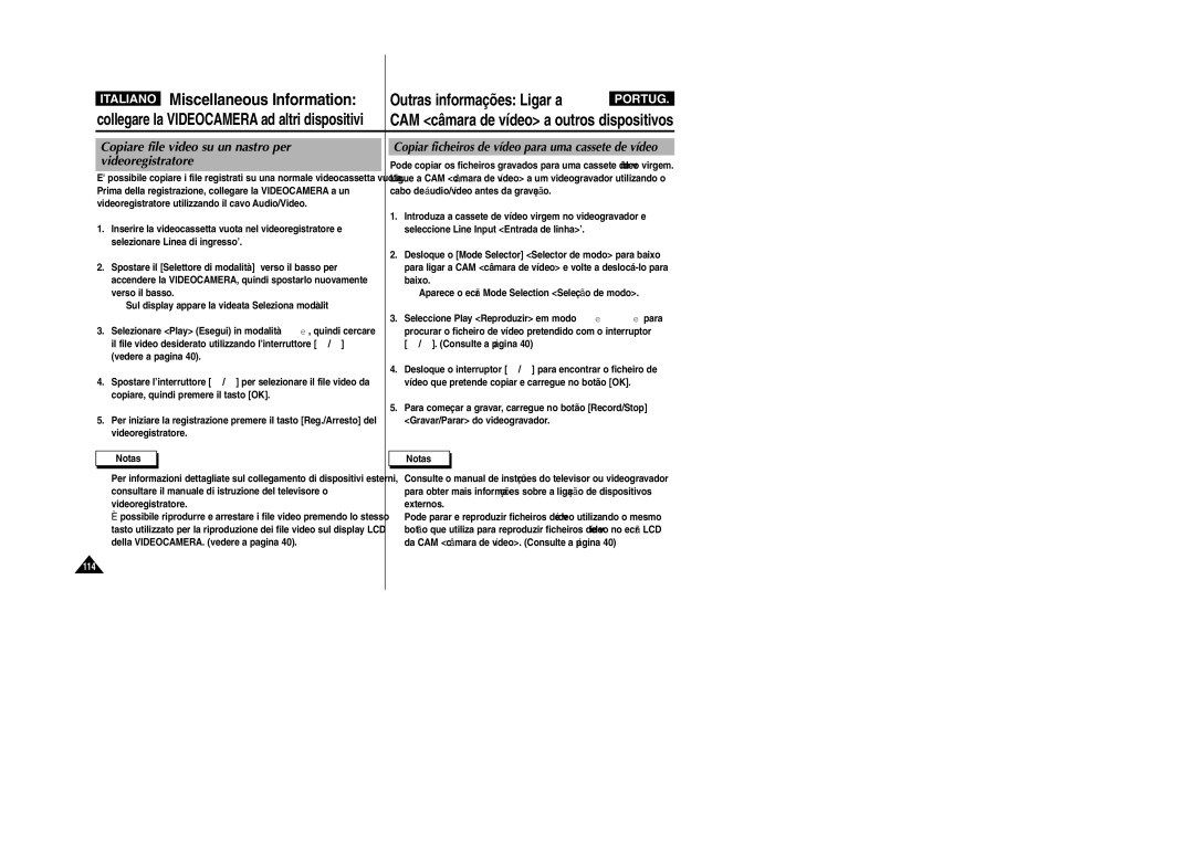 Samsung VP-X110L/XET, VP-X110LMEM manual Miscellaneous Information, Copiare file video su un nastro per videoregistratore 