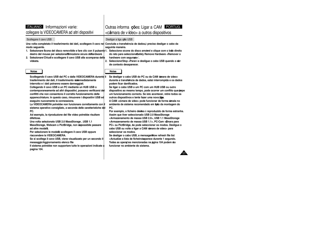 Samsung VP-X110LMEM, VP-X110L/XET manual Câmara de vídeo a outros dispositivos, Scollegare il cavo USB 