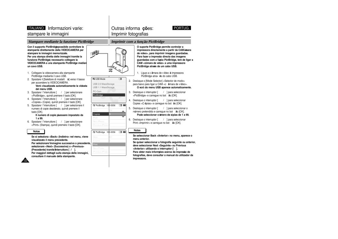 Samsung VP-X110L/XET, VP-X110LMEM manual Stampare le immagini Imprimir fotografias, Stampare mediante la funzione PictBridge 