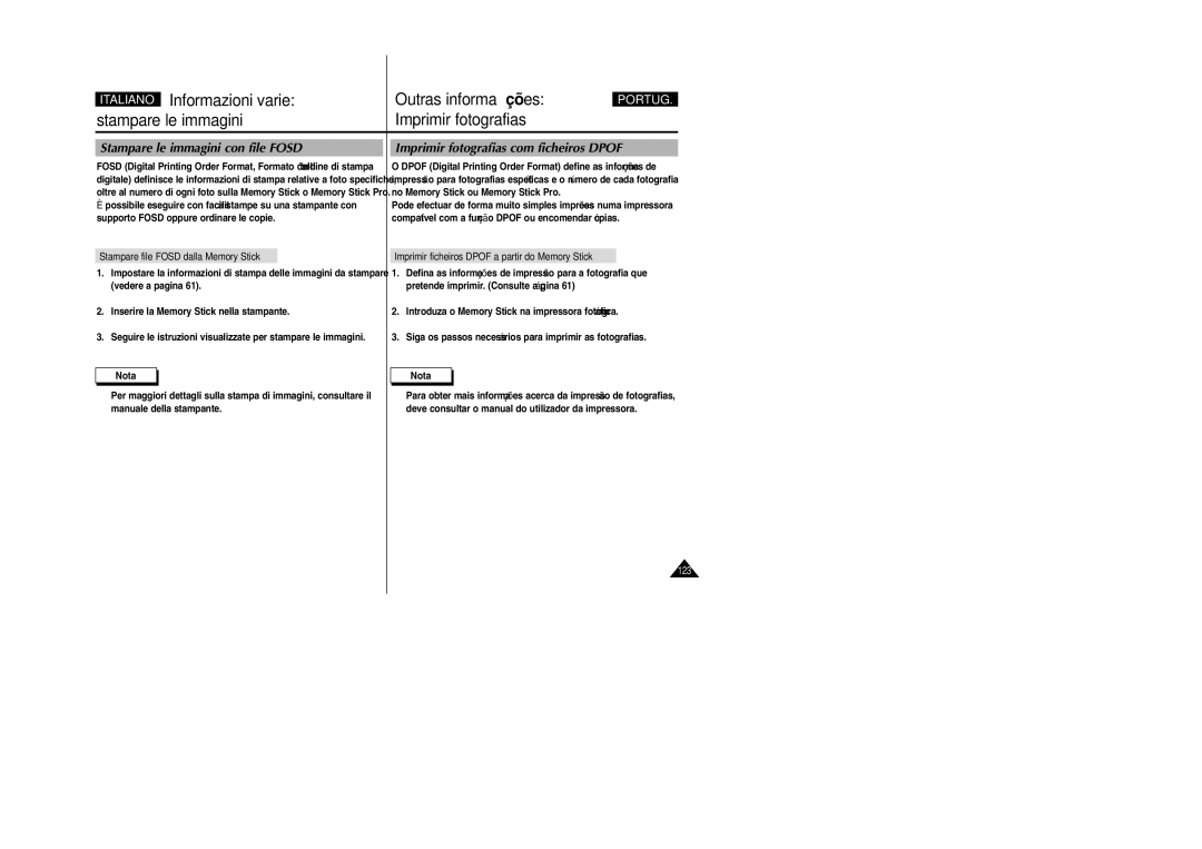 Samsung VP-X110LMEM, VP-X110L/XET manual Stampare le immagini con file Fosd, Imprimir fotografias com ficheiros Dpof 