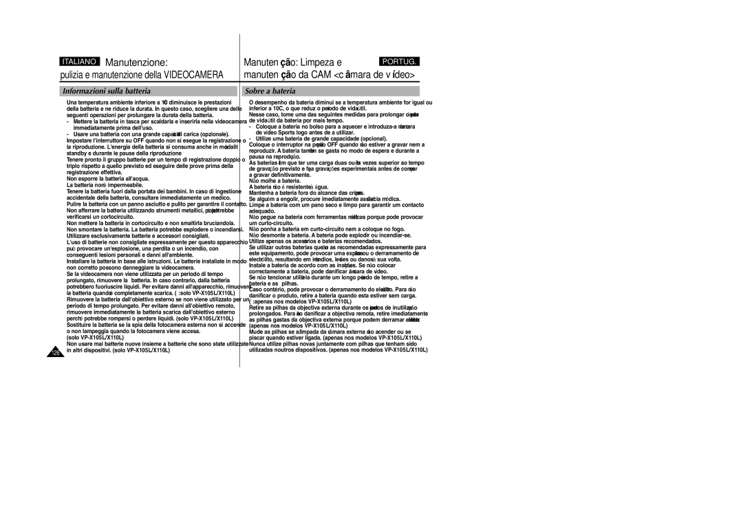 Samsung VP-X110L/XET, VP-X110LMEM manual Manutenzione 