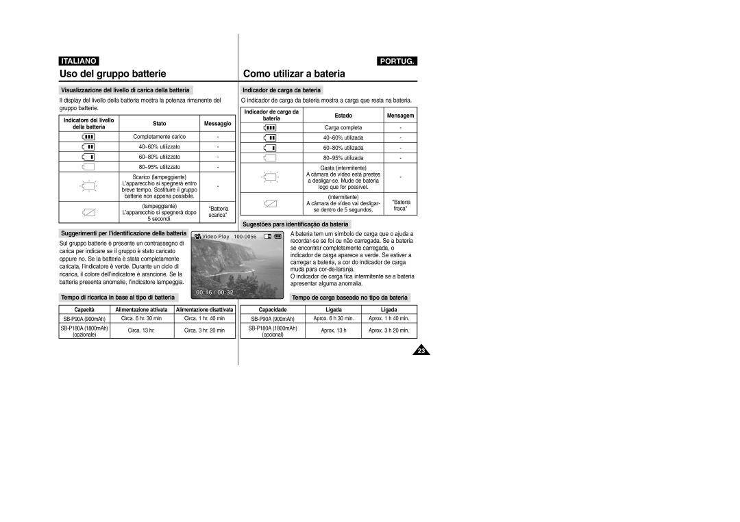 Samsung VP-X110LMEM, VP-X110L/XET manual Visualizzazione del livello di carica della batteria, Indicador de carga da bateria 