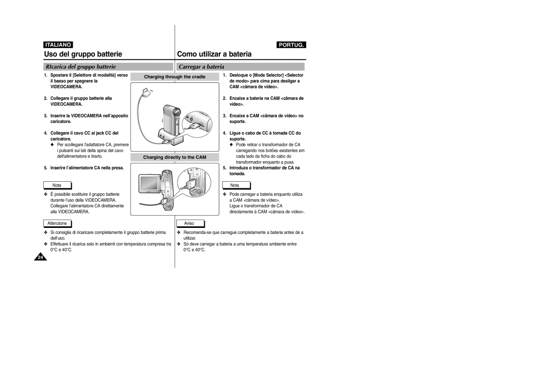 Samsung VP-X110L/XET, VP-X110LMEM manual RIcarica del gruppo batterie Carregar a bateria, Collegare il gruppo batterie alla 