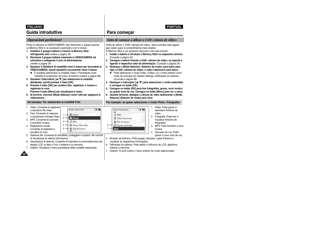 Samsung VP-X110L/XET manual Guida introduttiva, Operazioni preliminari, Antes de começar a utilizar a CAM câmara de vídeo 