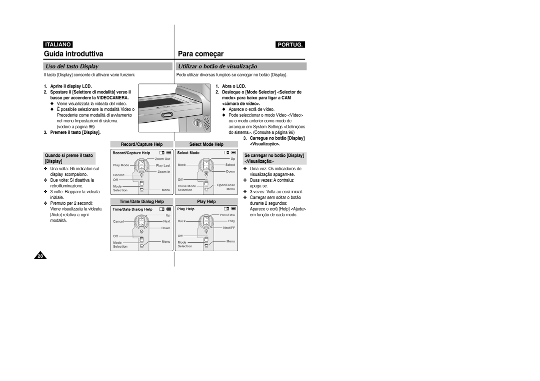 Samsung VP-X110L/XET, VP-X110LMEM Guida introduttiva Para começar, Uso del tasto Display Utilizar o botão de visualização 