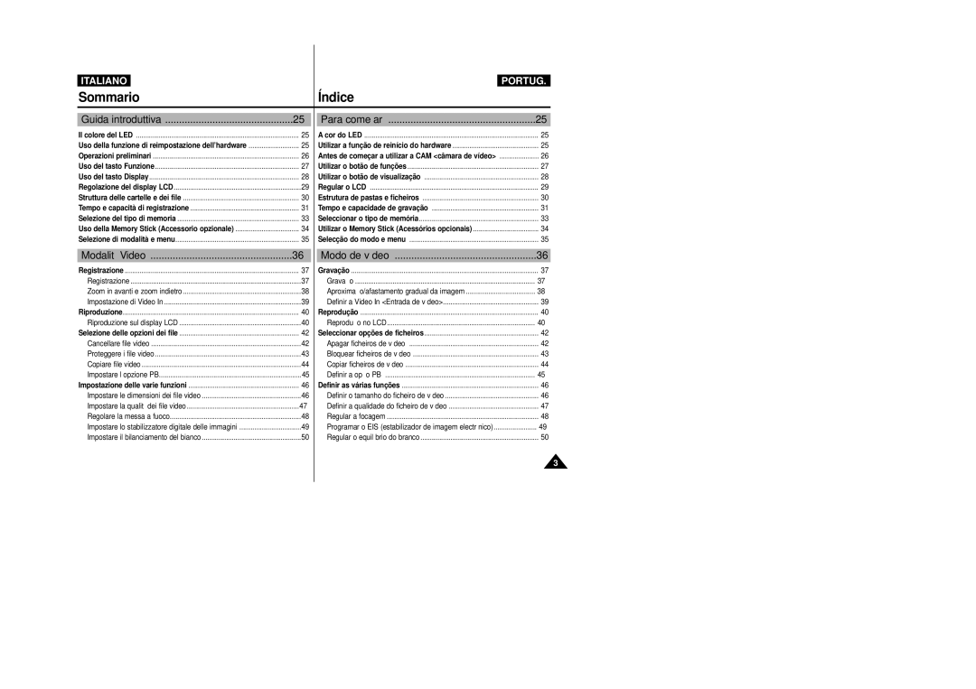 Samsung VP-X110LMEM, VP-X110L/XET manual Para começar, Modalità Video Modo de vídeo, Guida introduttiva 