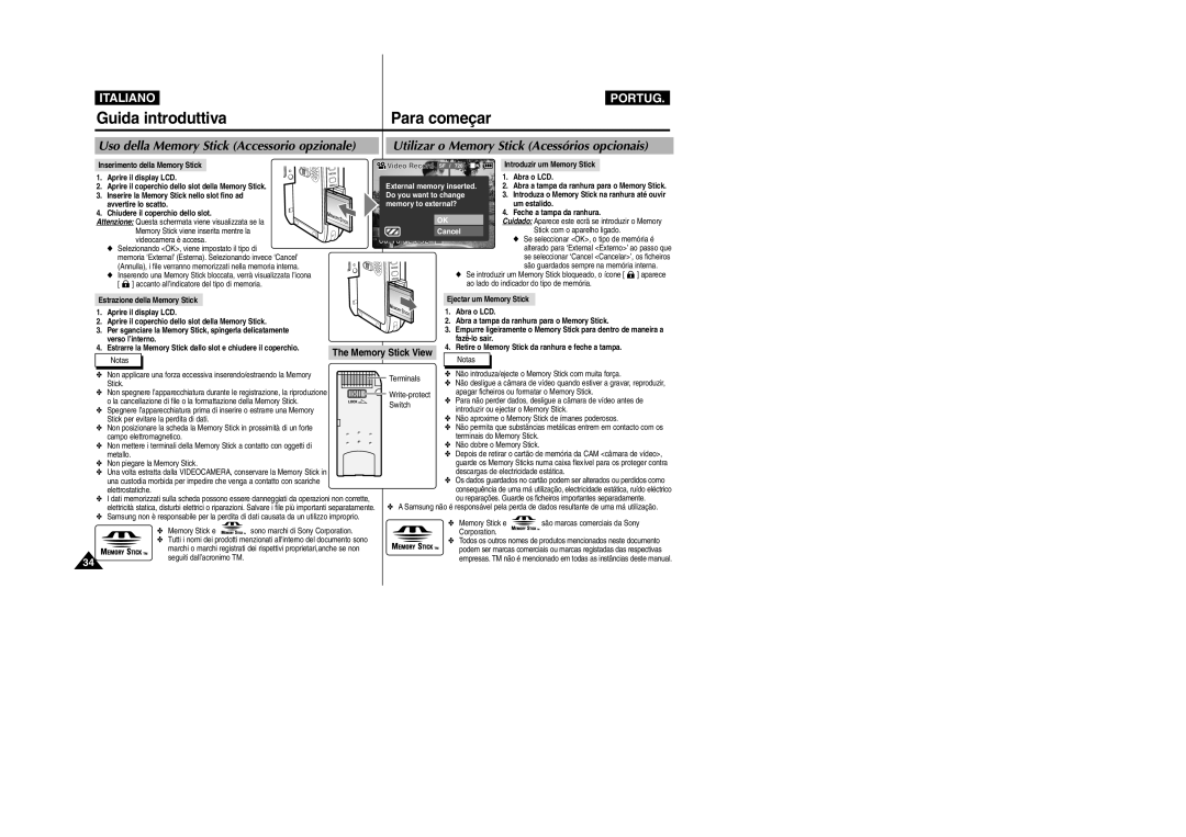 Samsung VP-X110L/XET manual Uso della Memory Stick Accessorio opzionale, Utilizar o Memory Stick Acessórios opcionais 