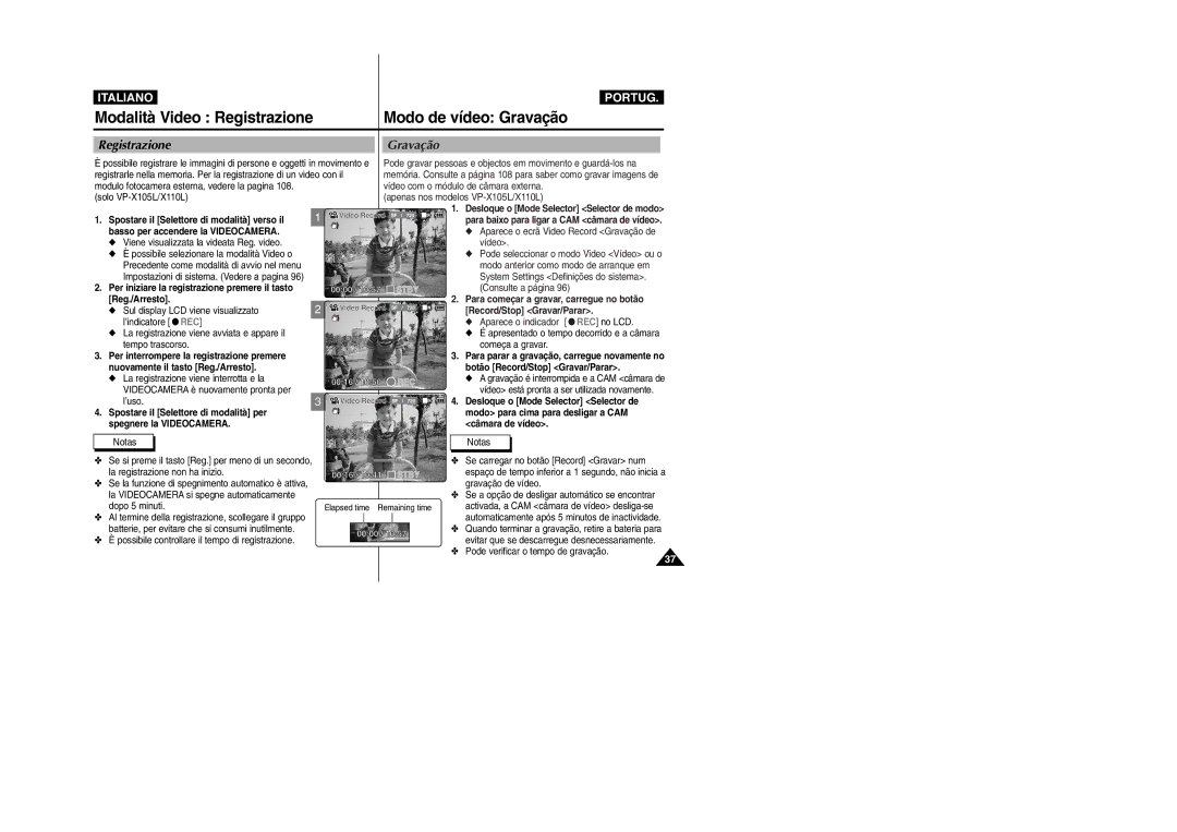 Samsung VP-X110LMEM, VP-X110L/XET manual Modo de vídeo Gravação, Registrazione 