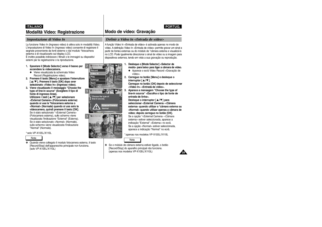 Samsung VP-X110LMEM, VP-X110L/XET manual Modalità Video Registrazione, Modo de vídeo Gravação, Impostazione di Video 