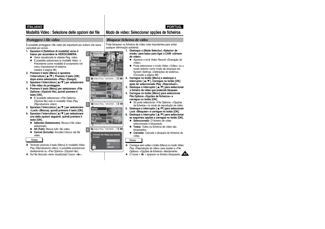 Samsung VP-X110LMEM, VP-X110L/XET manual Proteggere i file video Bloquear ficheiros de vídeo 