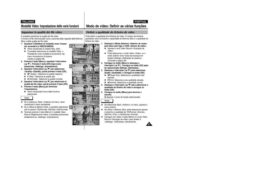 Samsung VP-X110LMEM manual Impostare la qualità dei file video, Definir a qualidade do ficheiro de vídeo, 0000 / 1057 Stby 