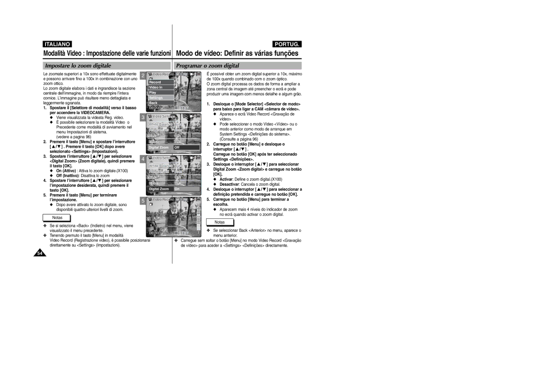 Samsung VP-X110L/XET, VP-X110LMEM manual Impostare lo zoom digitale Programar o zoom digital 