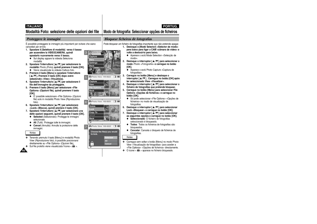 Samsung VP-X110L/XET, VP-X110LMEM manual Proteggere le immagini Bloquear ficheiros de fotografias 