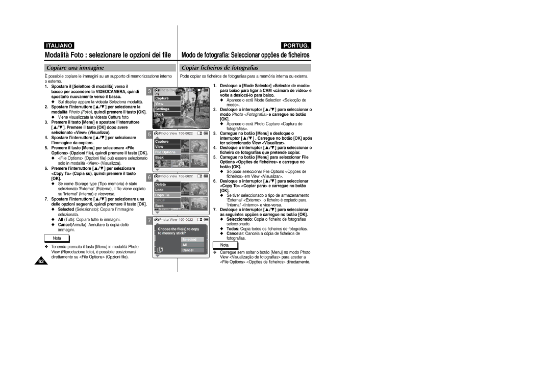 Samsung VP-X110L/XET, VP-X110LMEM manual Copiare una immagine Copiar ficheiros de fotografias 