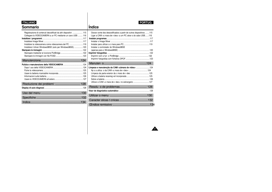 Samsung VP-X110LMEM manual Manutenzione, Risoluzione dei problemi, Uso del menu, Specifiche, Indice, Manutenção, 132 