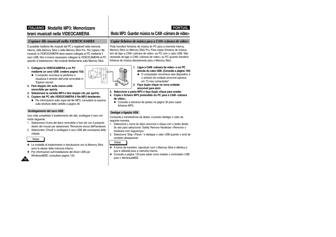 Samsung VP-X110L/XET manual Copiare file musicali nella Videocamera, Copiar ficheiros de música para a CAM câmara de vídeo 