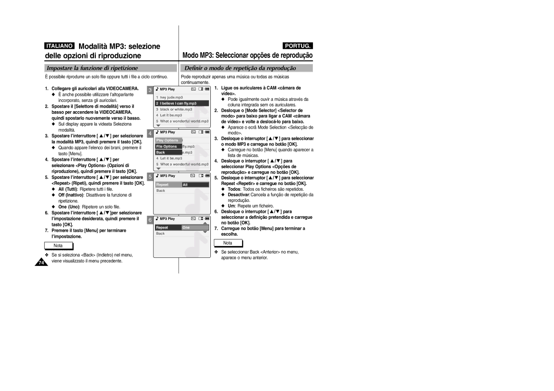 Samsung VP-X110L/XET, VP-X110LMEM manual Modalità MP3 selezione, Delle opzioni di riproduzione 