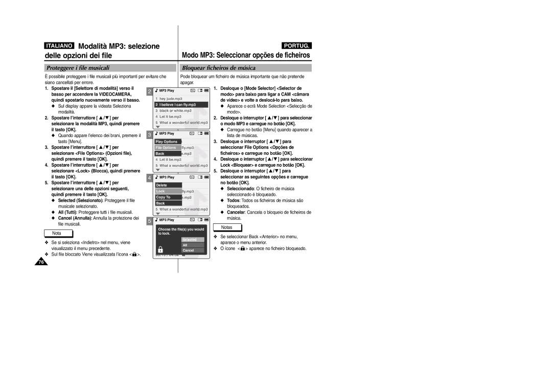 Samsung VP-X110L/XET, VP-X110LMEM manual Delle opzioni dei file, Proteggere i file musicali Bloquear ficheiros de música 