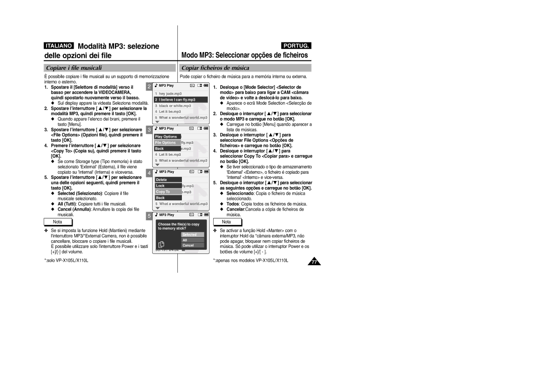 Samsung VP-X110LMEM, VP-X110L/XET manual Copiare i file musicali Copiar ficheiros de música 