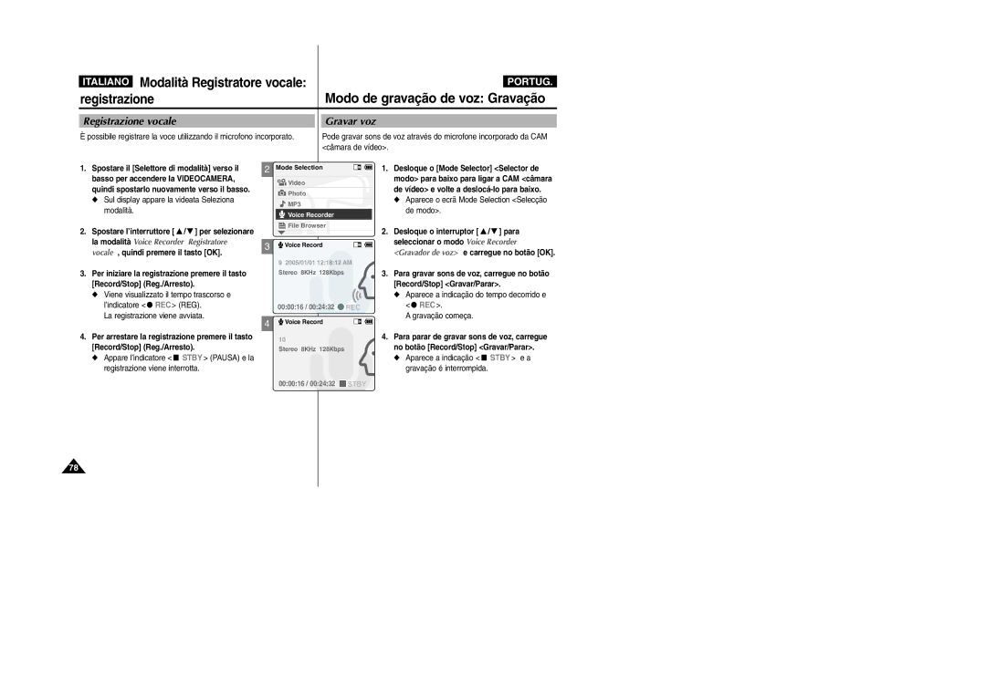 Samsung VP-X110L/XET manual Modo de gravação de voz Gravação, Modalità Registratore vocale, Registrazione vocale Gravar voz 
