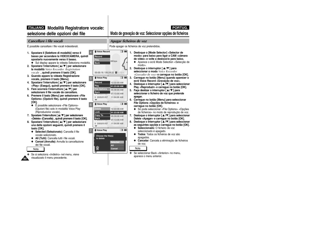 Samsung VP-X110L/XET, VP-X110LMEM manual Cancellare i file vocali, Apagar ficheiros de voz 