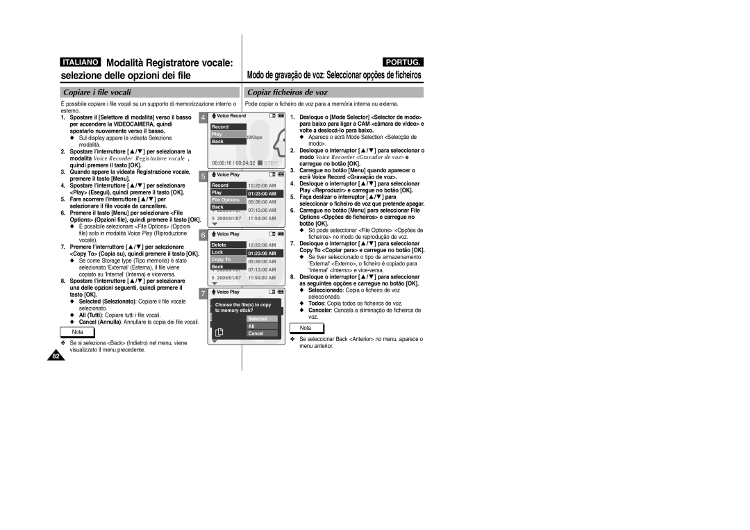 Samsung VP-X110L/XET, VP-X110LMEM manual Copiare i file vocali Copiar ficheiros de voz 