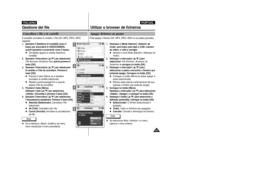 Samsung VP-X110LMEM, VP-X110L/XET manual Gestione dei file Utilizar o browser de ficheiros, Cancellare i file o le cartelle 