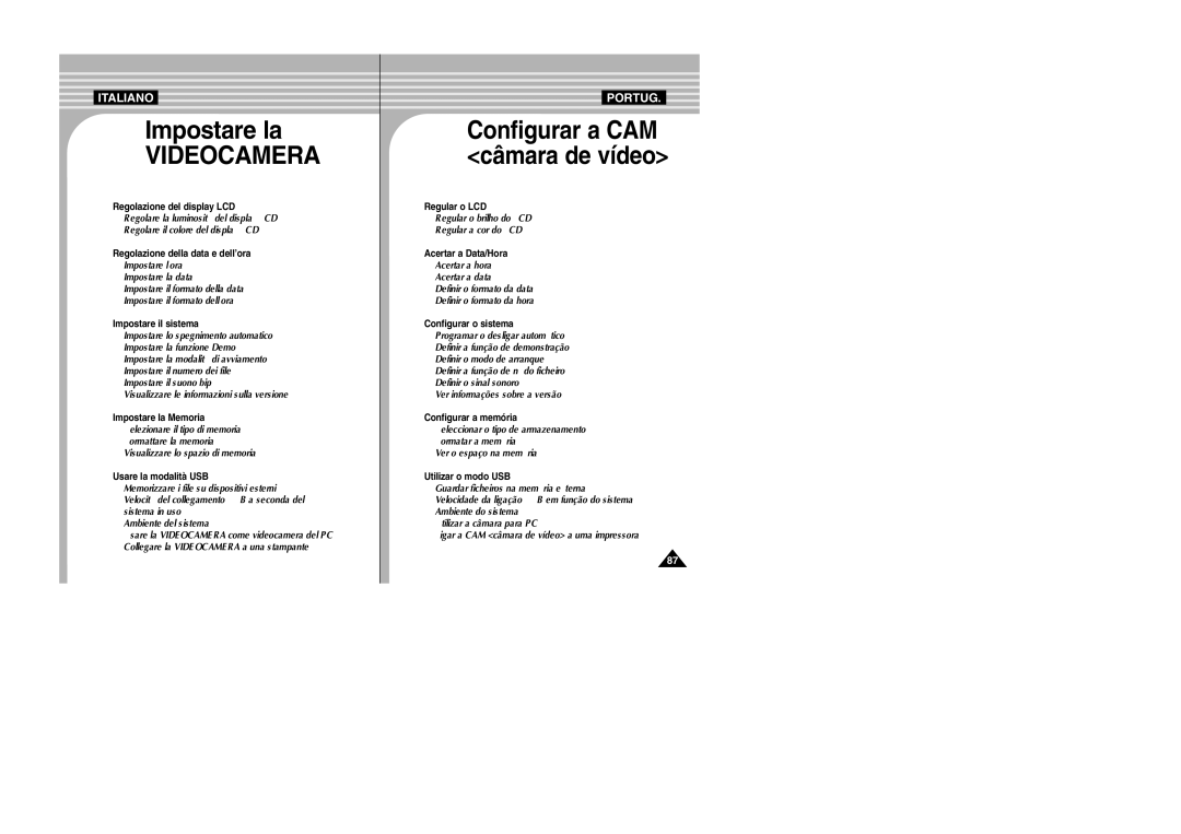 Samsung VP-X110LMEM, VP-X110L/XET manual Videocamera, Velocità del collegamento USB a seconda del 