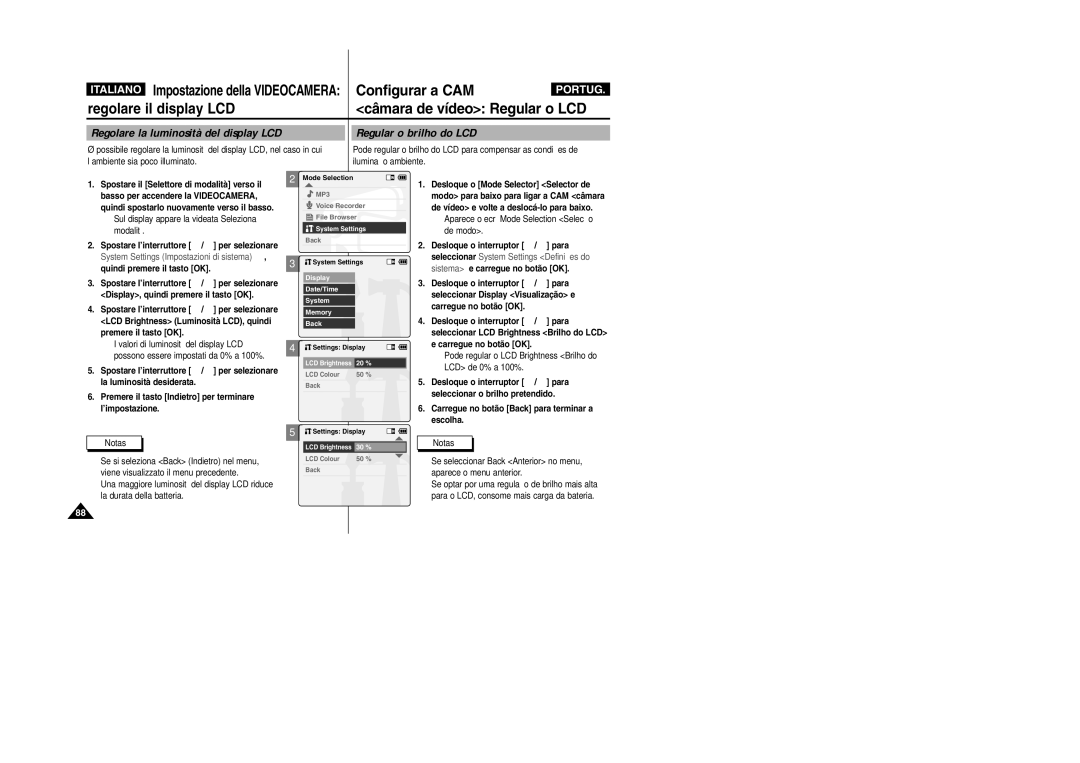 Samsung VP-X110L/XET, VP-X110LMEM Sistema e carregue no botão OK, Valori di luminosità del display LCD, LCD de 0% a 100% 