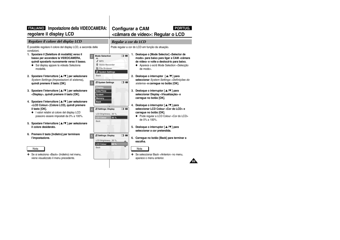 Samsung VP-X110LMEM manual Configurar a CAM, Câmara de vídeo Regular o LCD, De 0% a 100%, Seleccionar a cor pretendida 