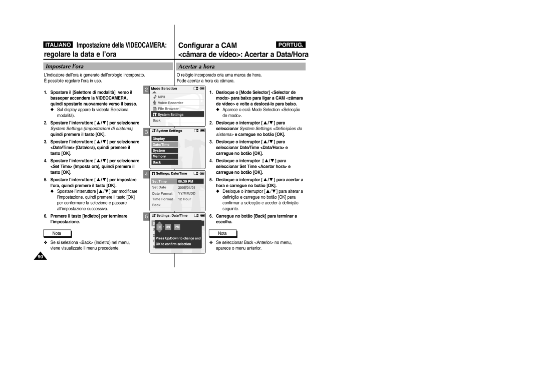 Samsung VP-X110L/XET, VP-X110LMEM manual Câmara de vídeo Acertar a Data/Hora, Impostare l’ora, Acertar a hora 