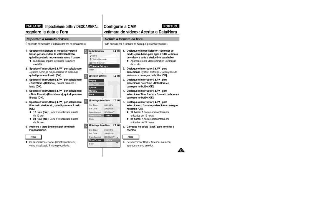 Samsung VP-X110LMEM, VP-X110L/XET manual Impostare il formato dell’ora Definir o formato da hora 