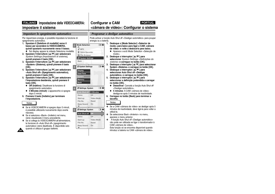 Samsung VP-X110L/XET, VP-X110LMEM manual Câmara de vídeo Configurar o sistema, Impostare lo spegnimento automatico 