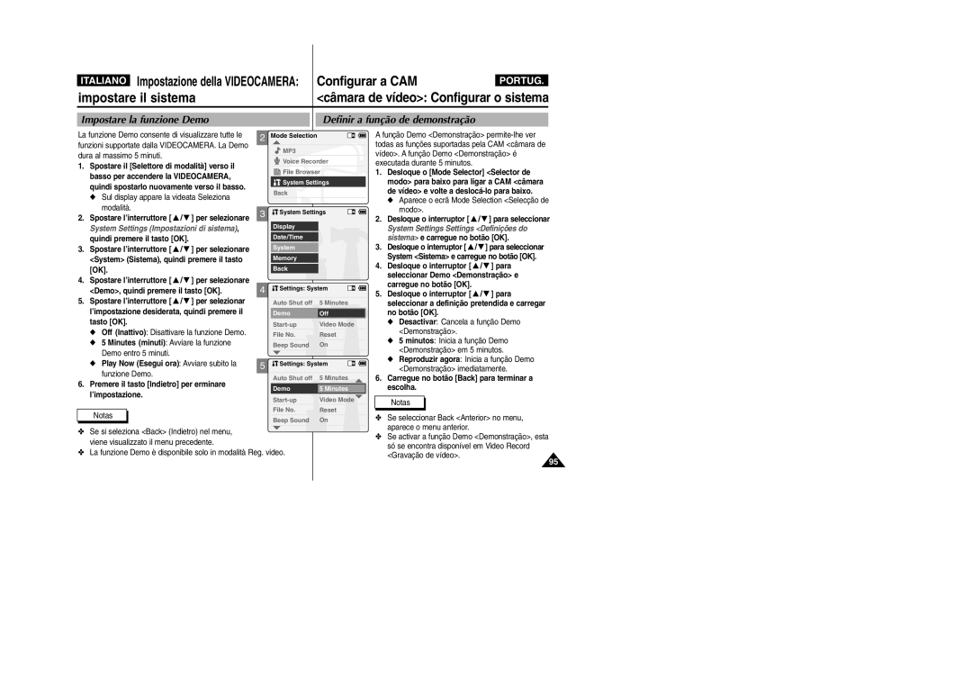 Samsung VP-X110LMEM, VP-X110L/XET manual Impostare la funzione Demo Definir a função de demonstração 